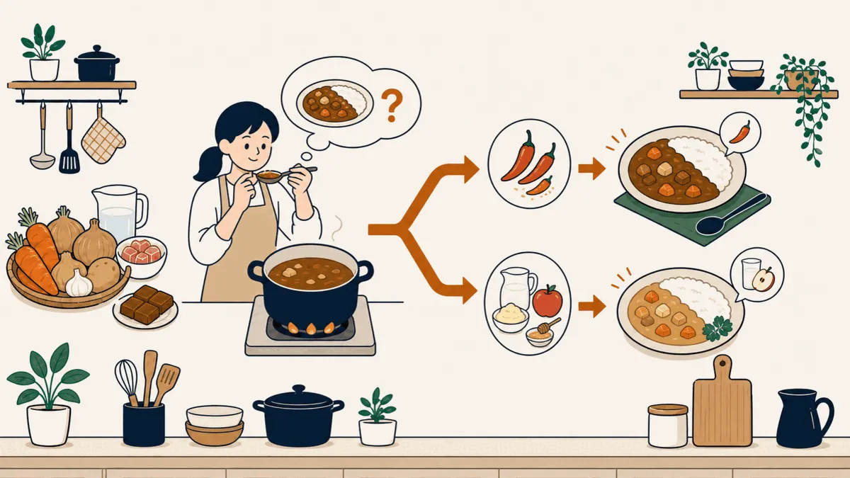 カレーを味見し、辛口なら唐辛子、まろやかにするなら牛乳やりんごを加える分岐処理