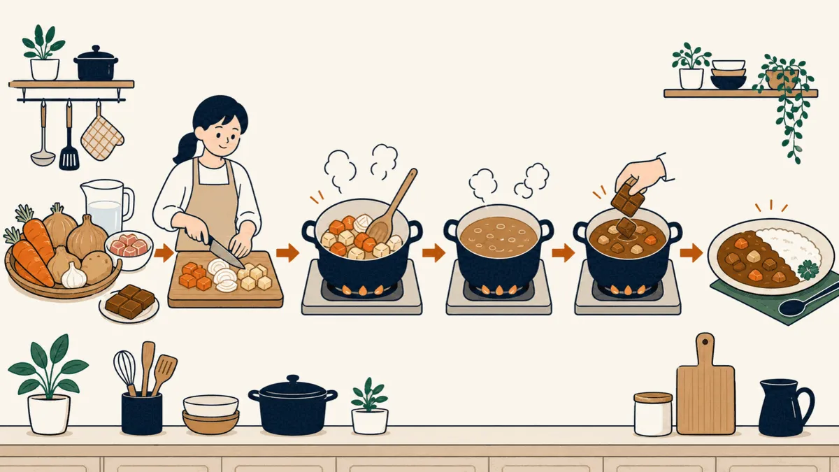 カレーの材料を用意し、切る、炒める、煮る、ルーを入れる、盛り付けるという順次処理