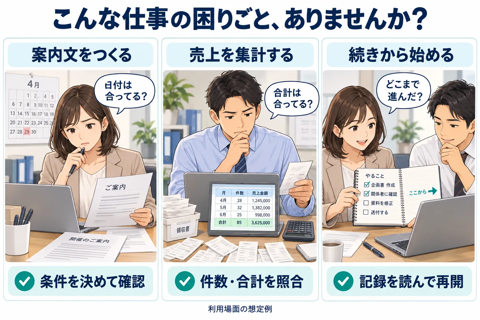 案内文の条件確認、売上集計の数字の照合、前回の作業記録からの再開という、AIを使う仕事の3つの想定場面
