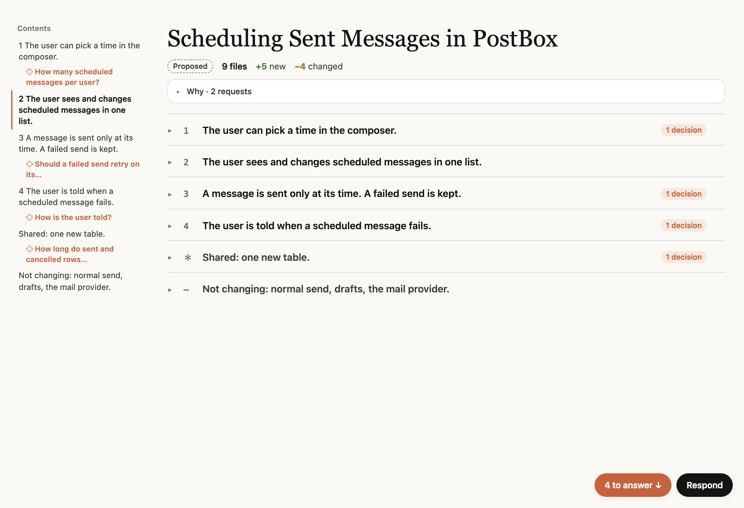 html-plan のサンプル計画を開いた直後の画面。タイトル「Scheduling Sent Messages in PostBox」の下に、変更ファイル数(9 files、+5 new、~4 changed)と、4 つのふるまいの主張、共有データ、変更しないものの 6 行が並ぶ。右下に「4 to answer」と「Respond」ボタンがある